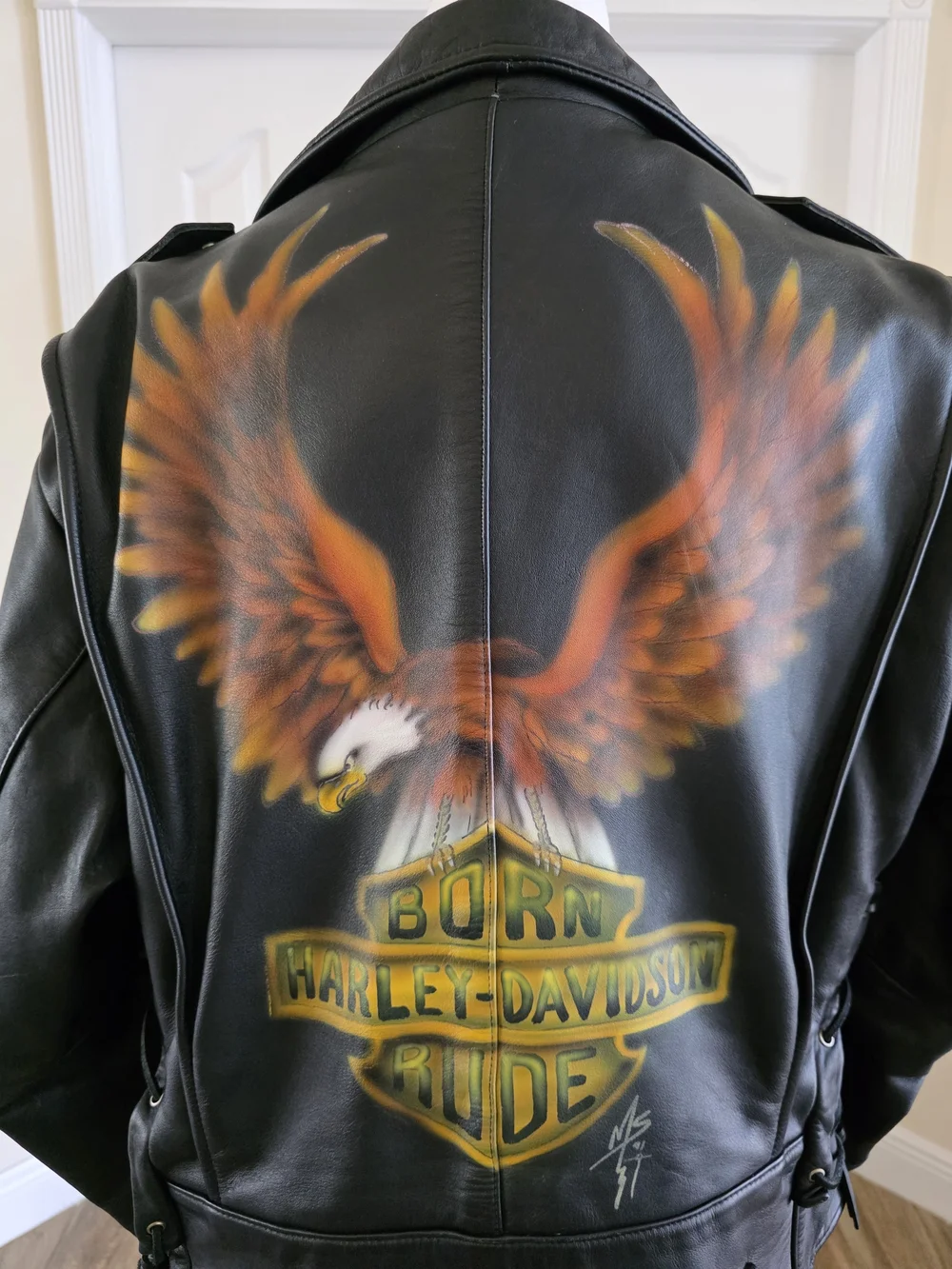 Vintage 1991 German Leather Motorcycle Jacket Harley Davidson Artwork- Mens 46